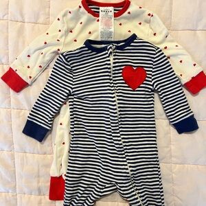 Set of Baby Boden Cream and Navy Rompers with Heart Patterns